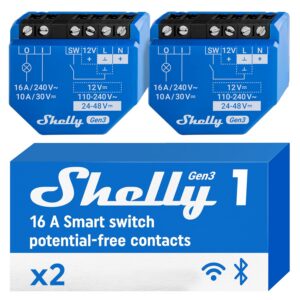 Shelly 1 Gen3 - Interrupteur connecté Wi-Fi à contacts secs, 1 canal - 16A, Commande à distance éclairage par app, Compatible avec Alexa et Google Home, Aucun Hub Requis, Puce Shelly 8MB - Lot de 2