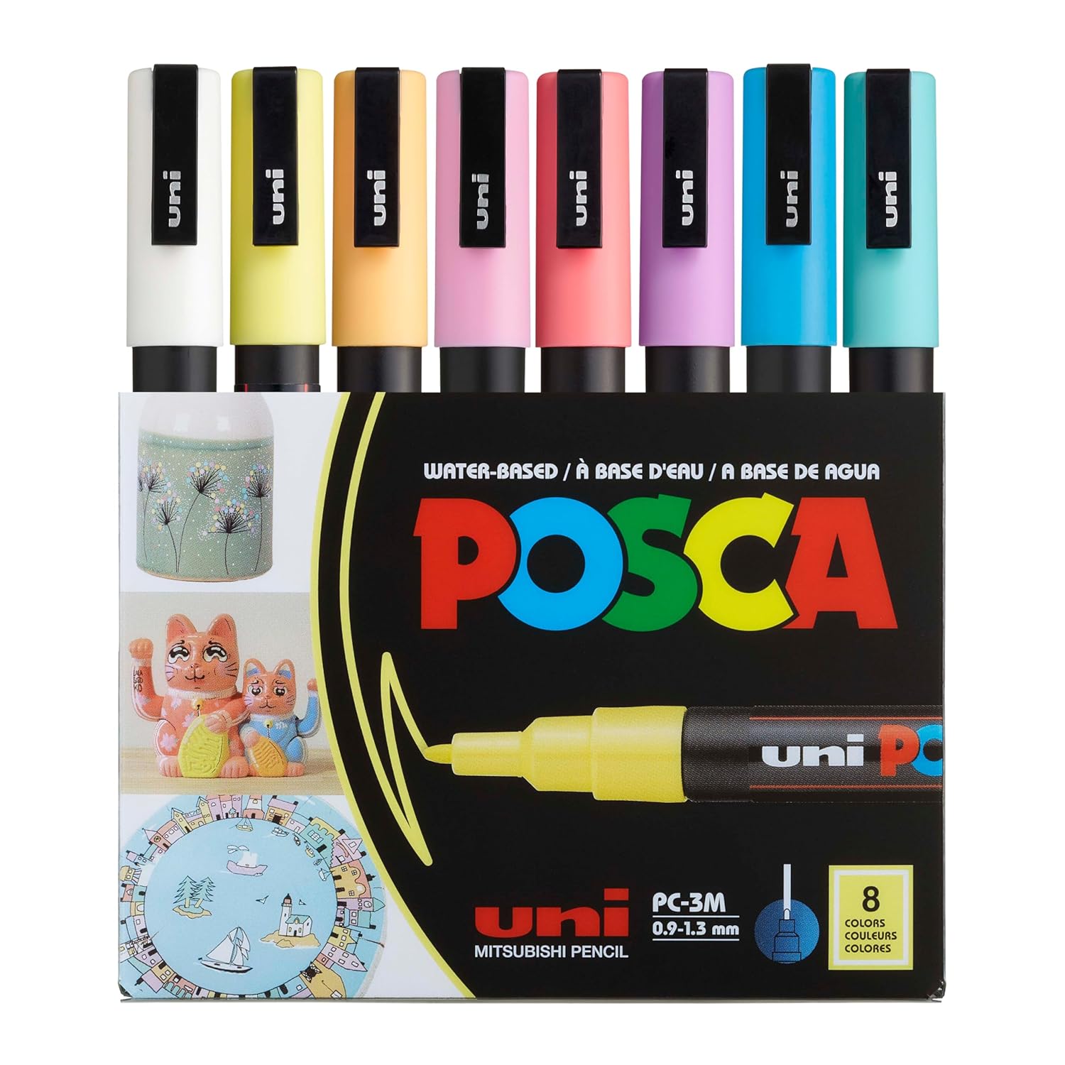 UNI POSCA PC3M — Lot de 8 stylos pointe fine couleurs douces