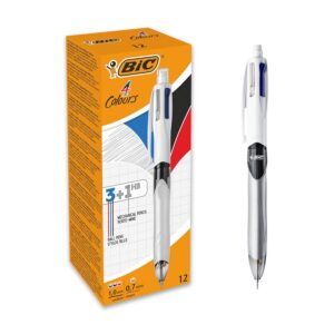 BIC 4 Couleurs 3+1HB Stylos-Bille Rétractables Pointes Moyennes (1,0 mm) et Porte-Mines - Boîte de 12