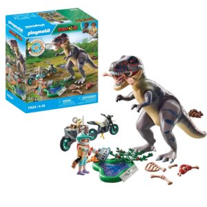 Playmobil 71524 Explorateur avec Moto et tyrannosaure - Recherche du T-Rex - Gamme Dinos fabriquée avec Plus de 80% de matériaux recyclés ou biosourcés en Moyenne - Univers Dinos - Dès 4 Ans