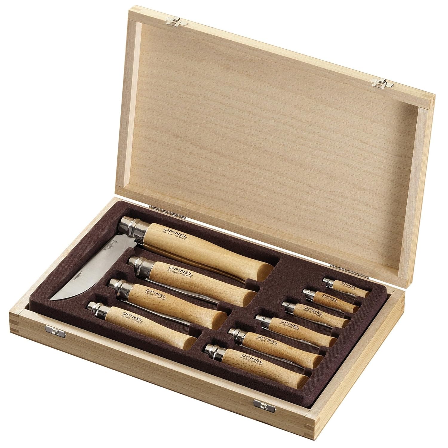 Opinel - Coffret Collection 10 Couteaux de Poche - N°02, 03, 04, 05, 06, 07, 08, 09, 10 et 12 - Lame Acier Inox, Manche Bois de Hêtre - Fabrication Française