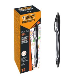 BIC Gel-ocity Quick Dry - Stylos-Gel Rétractables Séchage Ultra-Rapide - Pointe Moyenne (0,7 mm) - Noir, Boîte de 12