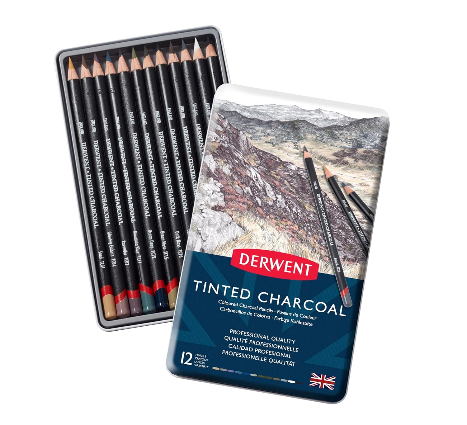 Derwent Tinted Charcoal - Set de 12 Crayons Fusains de Couleurs, Aquarellables, Qualité Professionnelle, 2301690