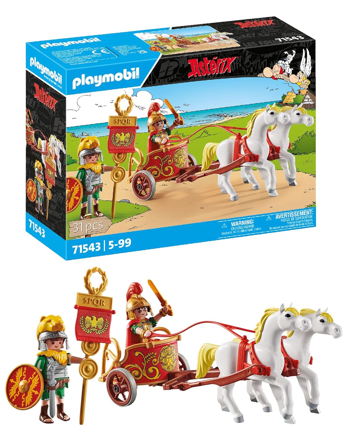 Playmobil 71543 Astérix : Char Romain - Aventure au Temps des Gaulois - Comprend Deux Personnages, Un Char Romain avec Deux Chevaux, des Casques Amovibles, des Bracelets et Une Cape - Dès 5 Ans