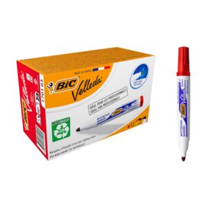 BIC Velleda 1701 ECOlutions Feutres pour Tableau Blanc Effaçables à Sec à Pointe Conique Moyenne - Rouge, Boîte de 12