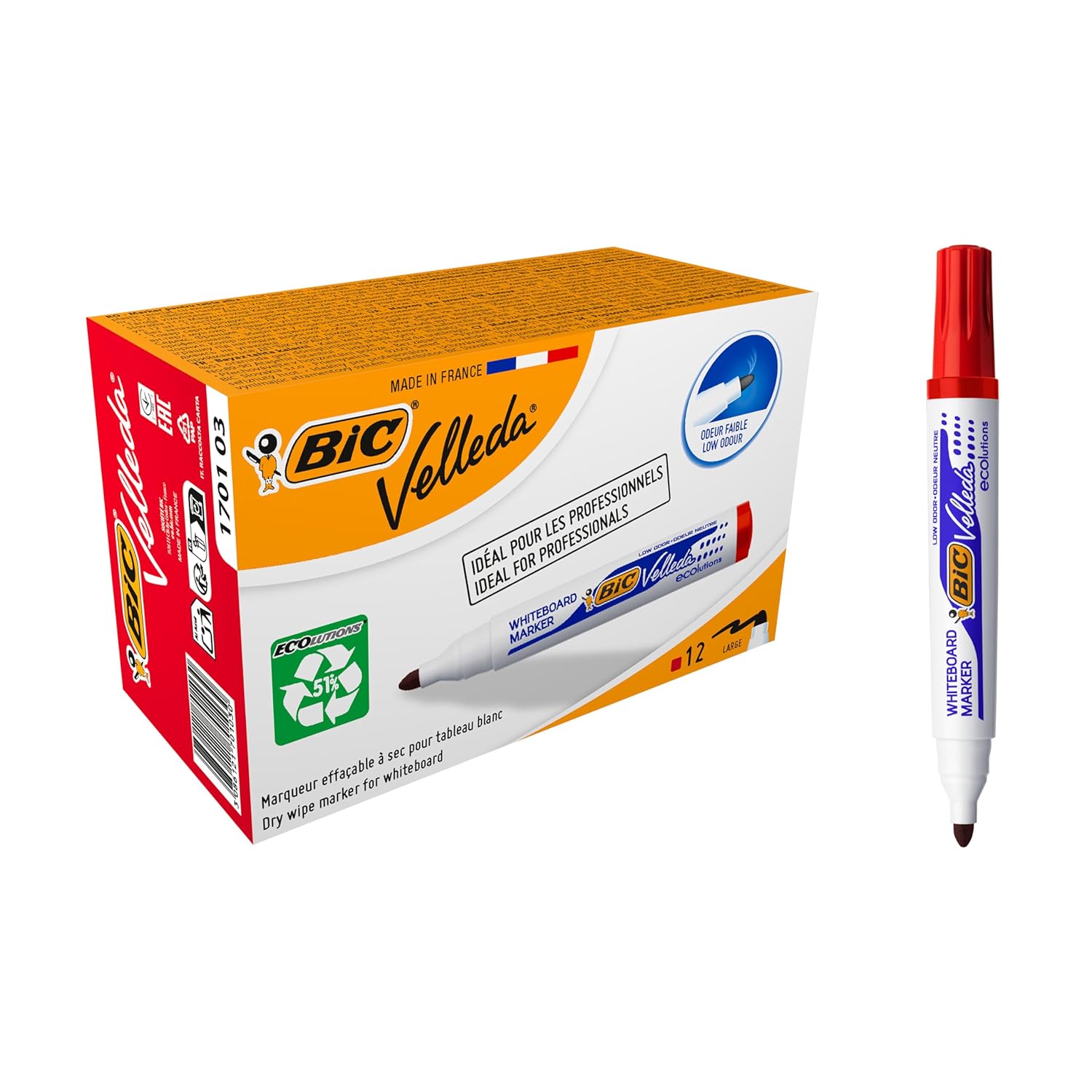 BIC Velleda 1701 ECOlutions Feutres pour Tableau Blanc Effaçables à Sec à Pointe Conique Moyenne - Rouge, Boîte de 12