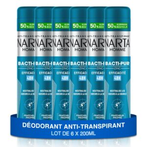 NARTA - Déodorant Homme - Bacti-Pur Anti-Transpirant Spray Zinc Efficacité 48h Sans Alcool - lot de 6x200ml