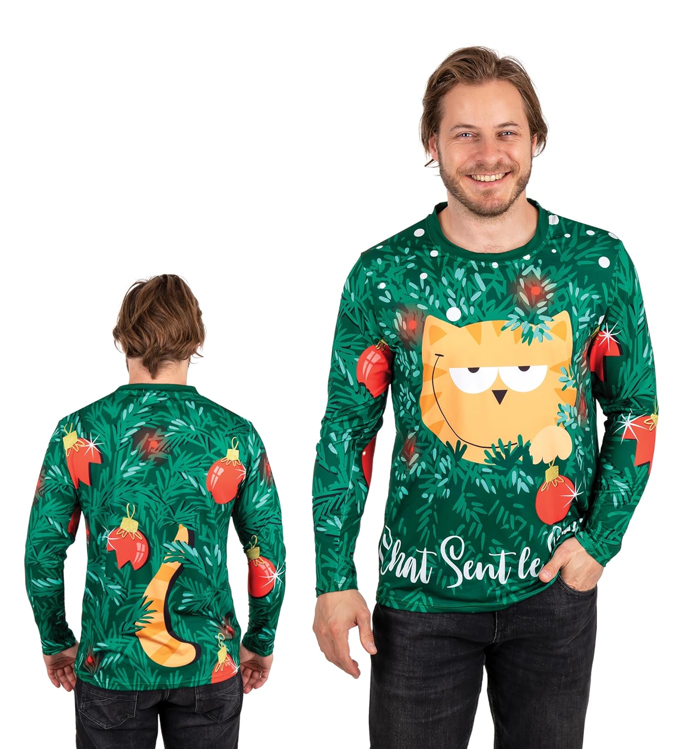 P'TIT CLOWN - T-Shirt de Noël Adulte Unisexe - pour compléter Votre Déguisement Christmas (FR/ES, Alpha/Lettres, L, TG, Taille Normale, Taille Normale, Vert, Chat Sent Le Sapin)