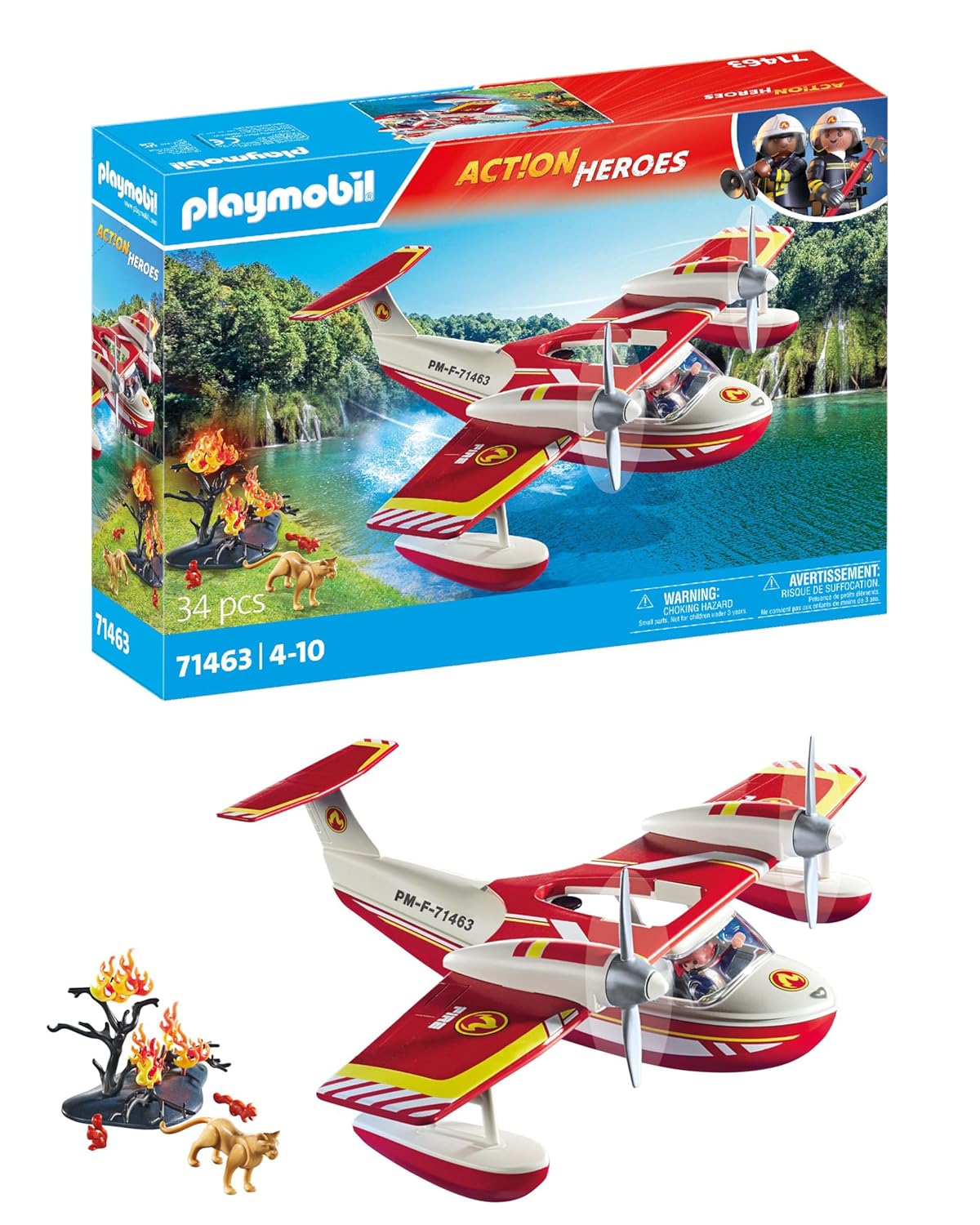 Playmobil 71463 Hydravion avec Pompier - Action Heroes - avec Un Personnage, des Animaux, Un Avion Anti-Incendie avec Fonction d'extinction et Une fôret en feu - Ville & Métiers - Dès 4 Ans