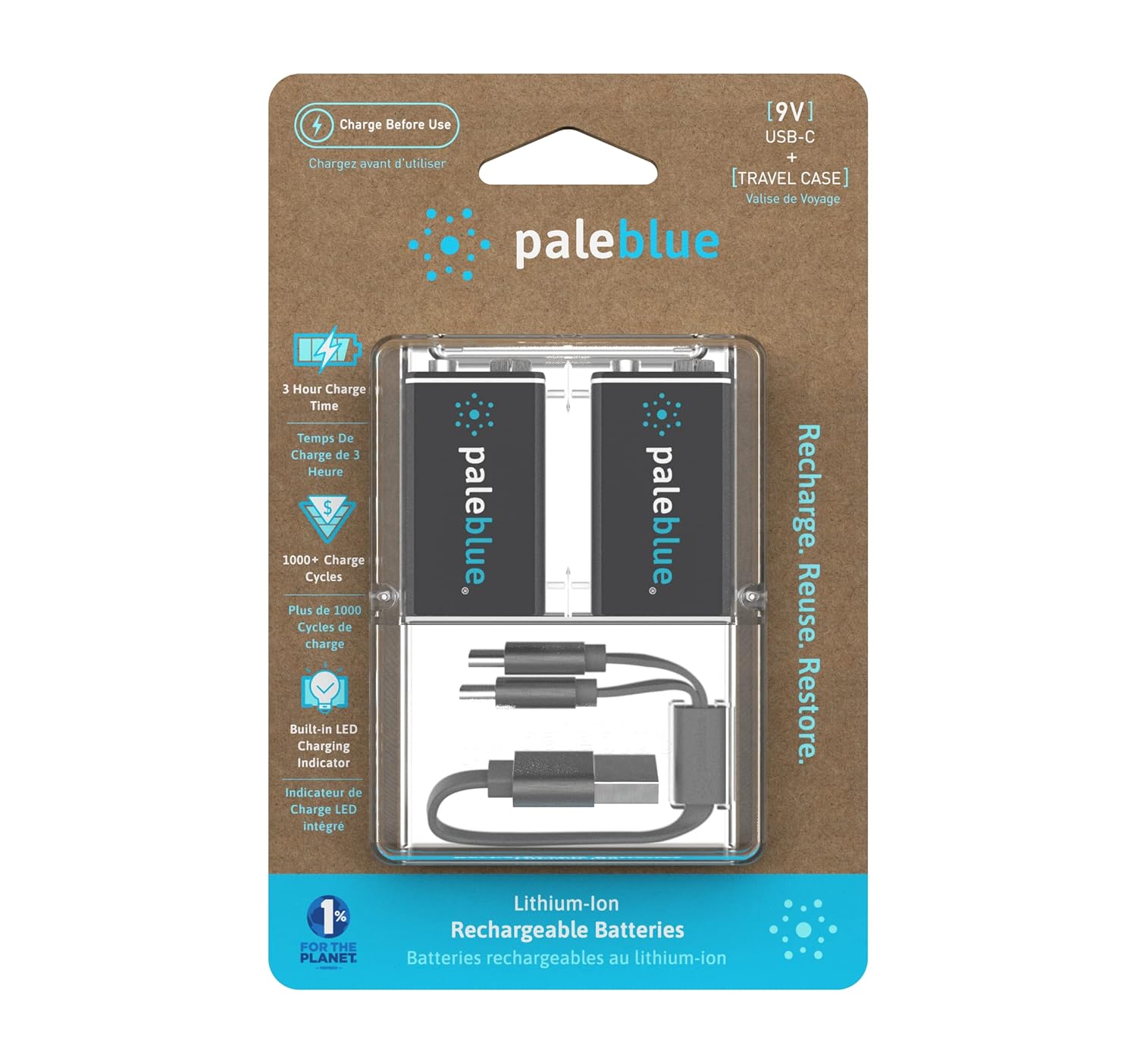 PALEBLUE — Piles rechargeables USB-C 9V 6LR61/6HR61
