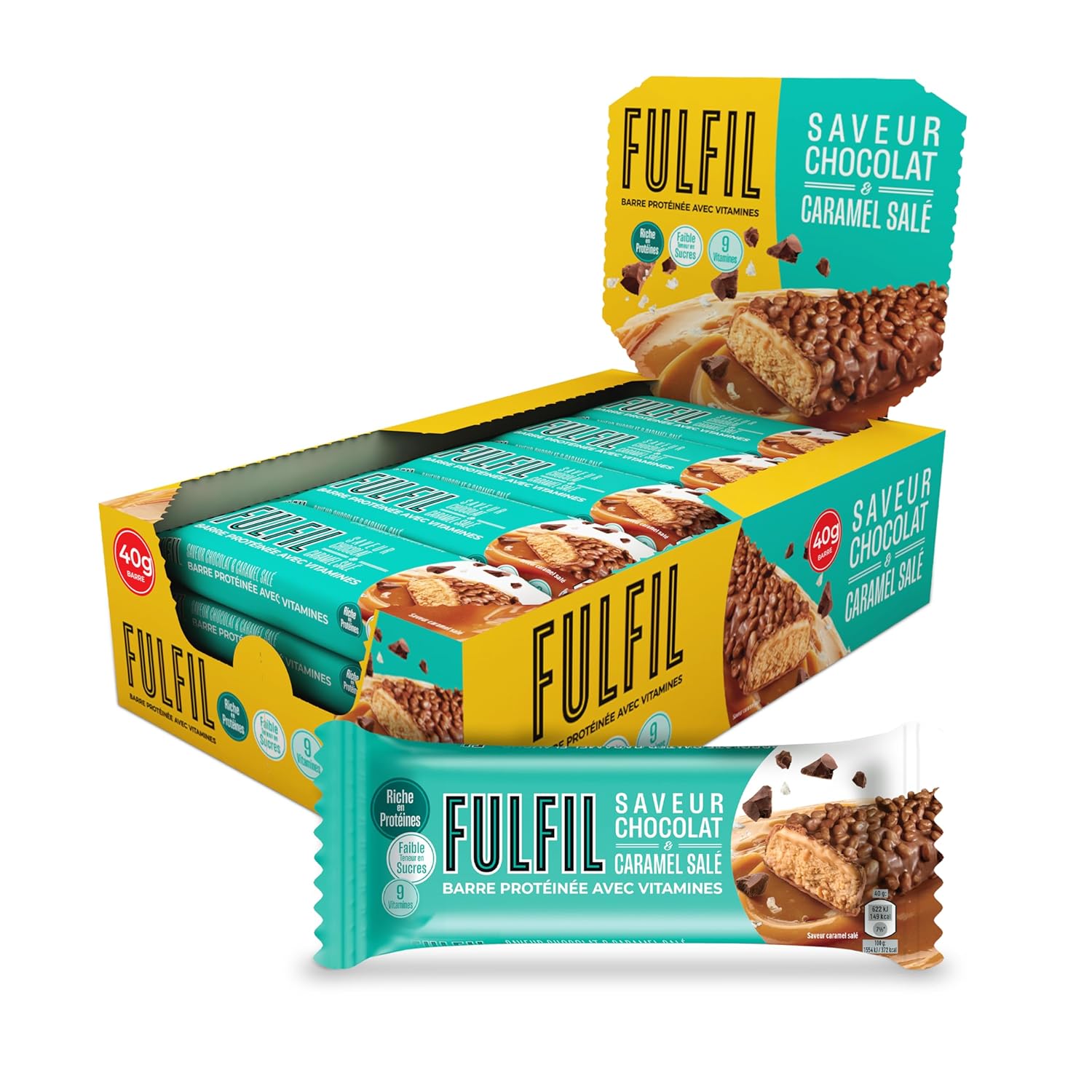 FULFIL - Barre Protéinée avec Vitamines - saveur Chocolat & Caramel Salé - Barre fonctionnelle et gourmande - Facile à Emporter - 15 Barres de 40g