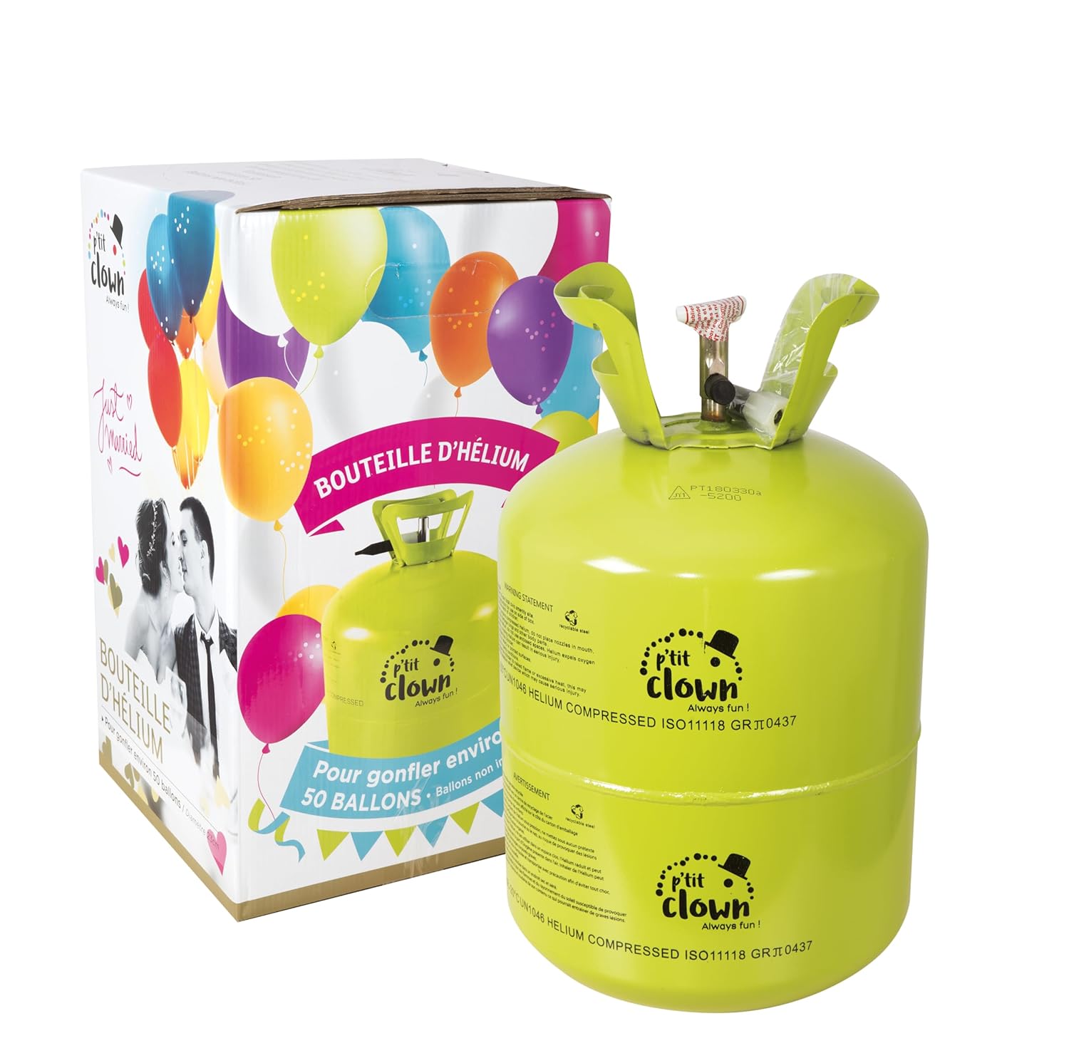 P'tit Clown - 42850 - Bouteille Hélium Jetable pour Ballons - Facile à Utiliser - Parfaite pour Décoration Fêtes, Anniversaire, Mariage, Baptême, Bal, Noël, Nouvel An - Pour 50 BALLONS (non inclus)