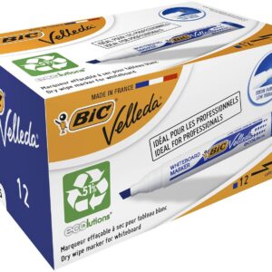BIC Velleda 1751 ECOlutions Feutres pour Tableau Blanc Effaçables à Sec à Pointe Moyenne Biseautée - Bleu , Boîte de 12