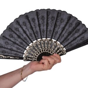 P'TIT Clown - 62452 - Éventail Pliable Brodé - Accessoire de Déguisement - Nouvel an, Chinois, Japon, Asie, pour Carnaval, Fêtes à Thèmes, Costumées, Cosplay, Manga, Halloween - Noir- Ø 45 cm