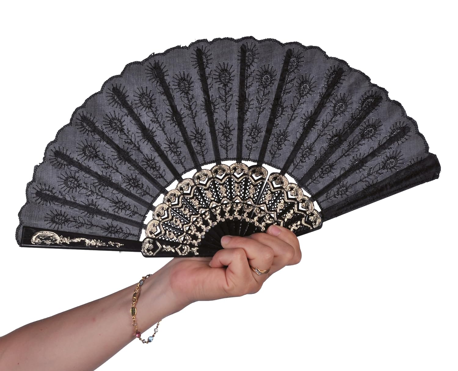 P'TIT Clown - 62452 - Éventail Pliable Brodé - Accessoire de Déguisement - Nouvel an, Chinois, Japon, Asie, pour Carnaval, Fêtes à Thèmes, Costumées, Cosplay, Manga, Halloween - Noir- Ø 45 cm