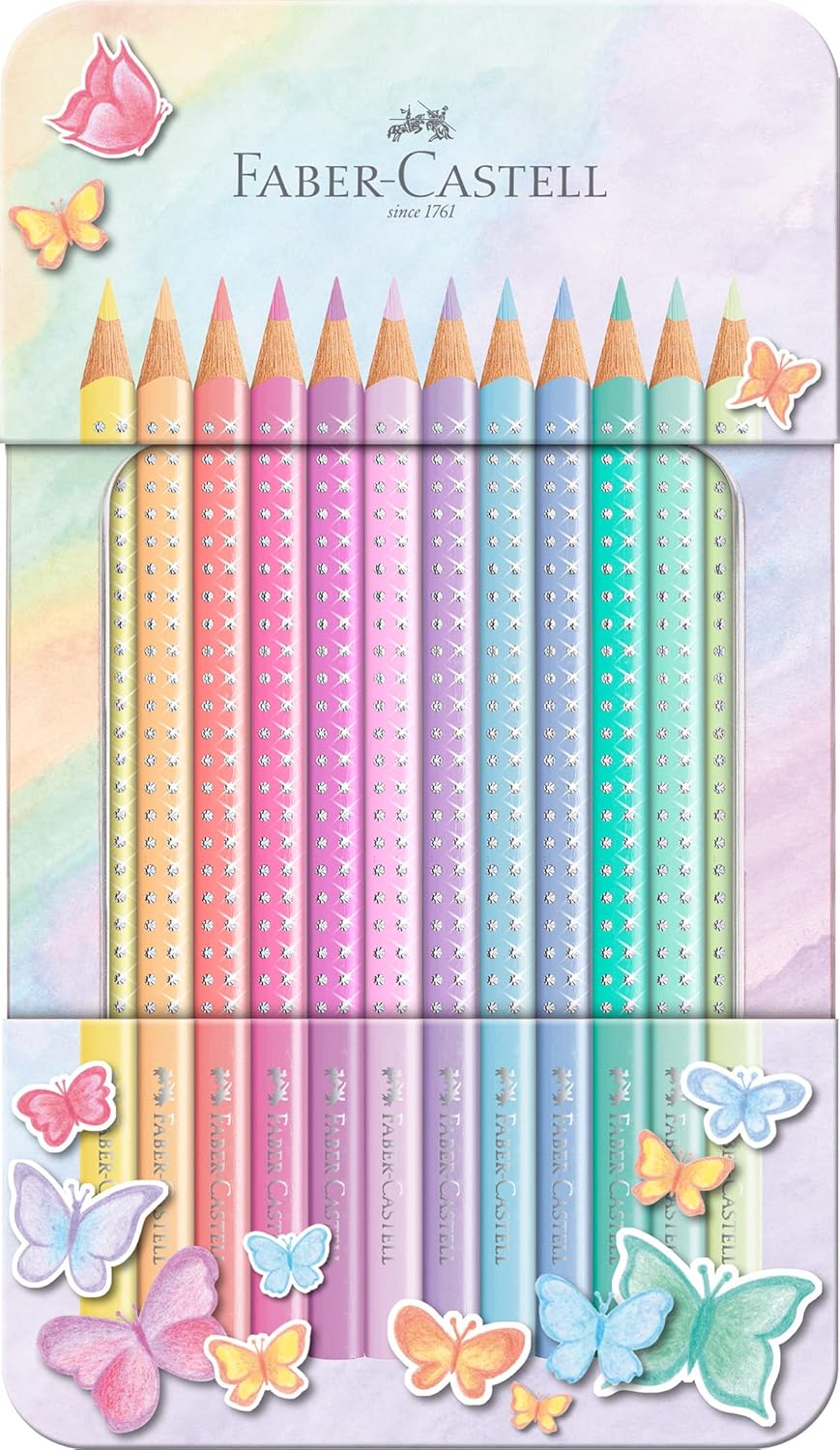 FABER-CASTELL 201910 - Coffret de crayons de couleur Sparkle Pastel 12 pièces, dans un étui métallique, triangulaires, incassables