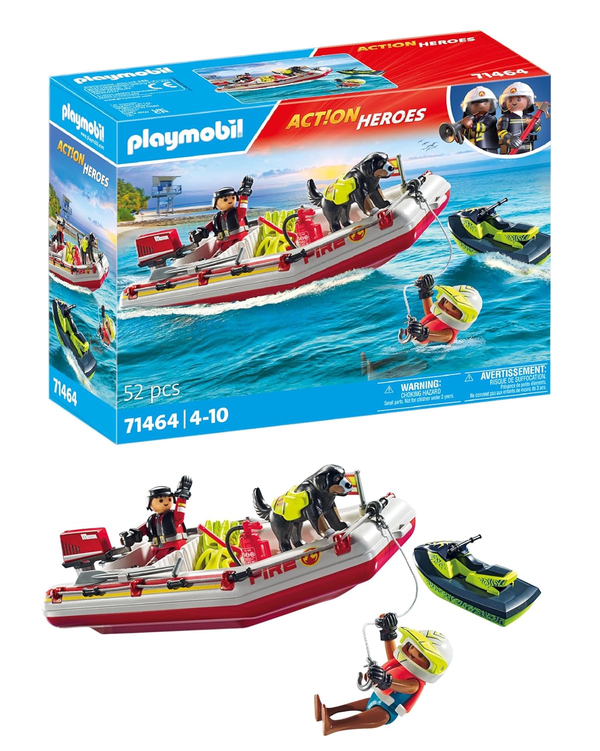 Playmobil 71464 Bateau de Pompier et Scooter des Mers - Action Hereos - avec Deux Personnages, Un Chien, Un Jet Ski, Un Bateau de Pompiers Flottant et des Accessoires - Ville & Métiers - Dès 4 Ans