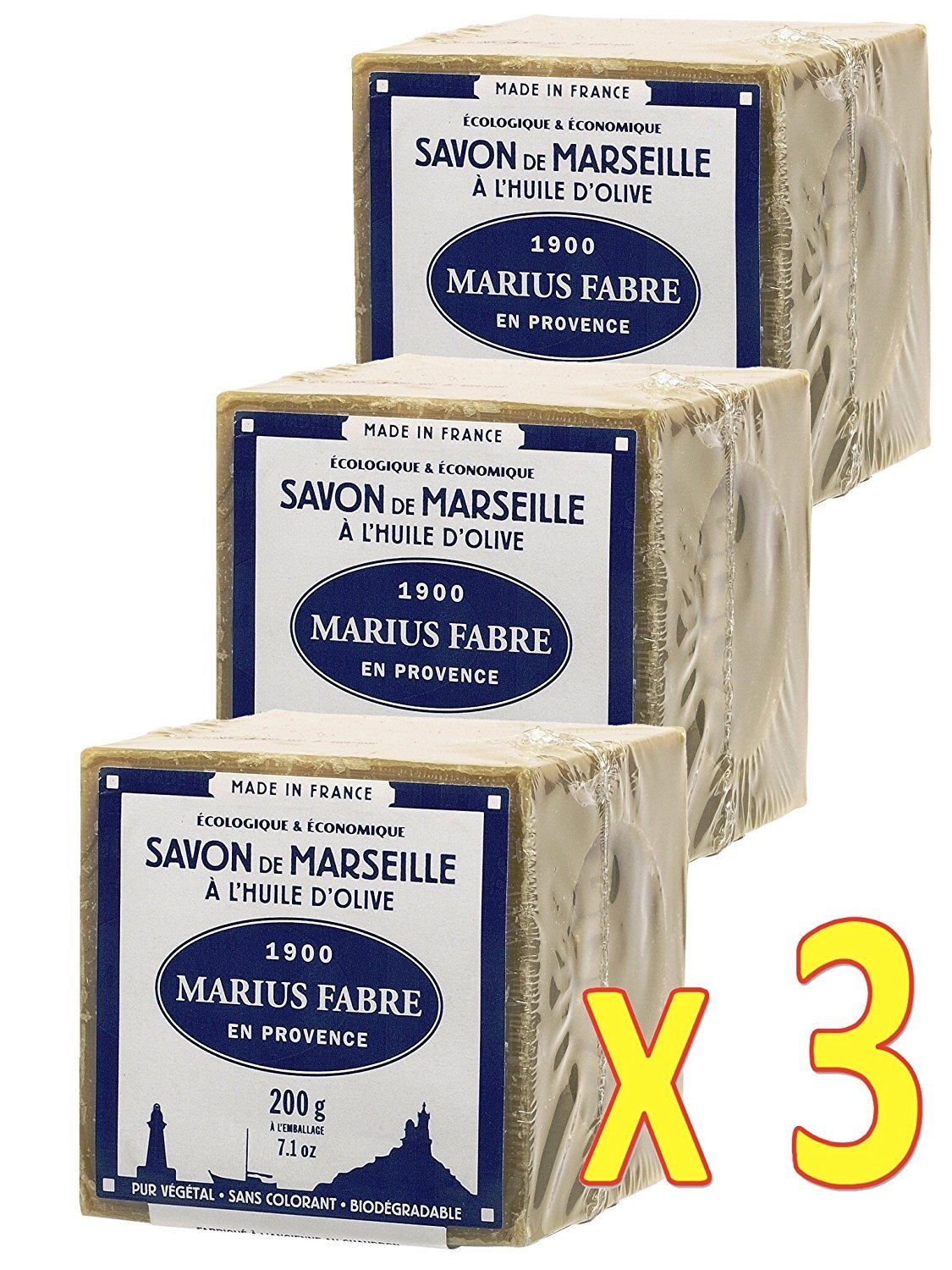 Marius Fabre Lot de 3 cubes de 200 g de savon de Marseille à l'huile d'olive