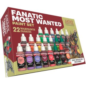 The Army Painter, Warpaints Fanatic Most Wanted Paint Set, 22 x 18 ml Peintures Acryliques incl. Teintes de Peau, Métalliques, Effets, Lavis, Apprêt & 1 Figurine - Peinture D&D & Warhammer.