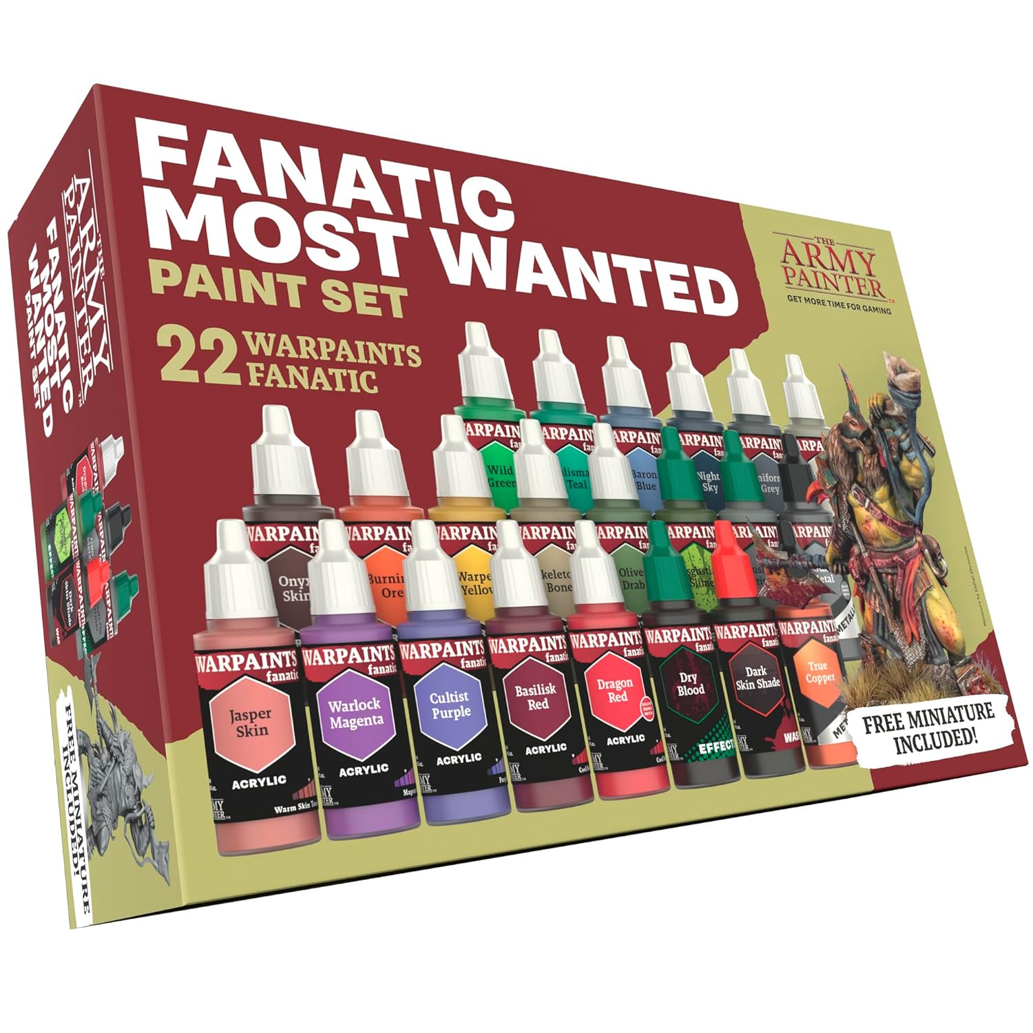 The Army Painter, Warpaints Fanatic Most Wanted Paint Set, 22 x 18 ml Peintures Acryliques incl. Teintes de Peau, Métalliques, Effets, Lavis, Apprêt & 1 Figurine - Peinture D&D & Warhammer.