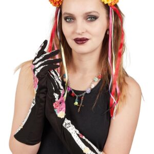 P'tit Clown - 30046 - Set de Déguisement Adulte Femme - Day of The Dead - Dia De Los Muertos Dress-Up Kit - Halloween, Carnaval, Cosplay, Fêtes à Thème, Soirées Costumées - Serre Tête, Gants, Collier
