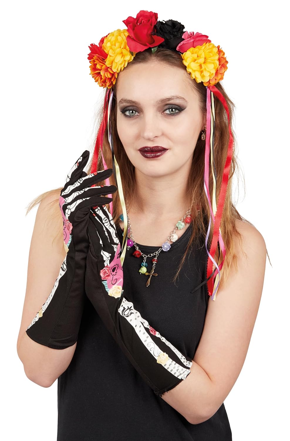 P'tit Clown - 30046 - Set de Déguisement Adulte Femme - Day of The Dead - Dia De Los Muertos Dress-Up Kit - Halloween, Carnaval, Cosplay, Fêtes à Thème, Soirées Costumées - Serre Tête, Gants, Collier
