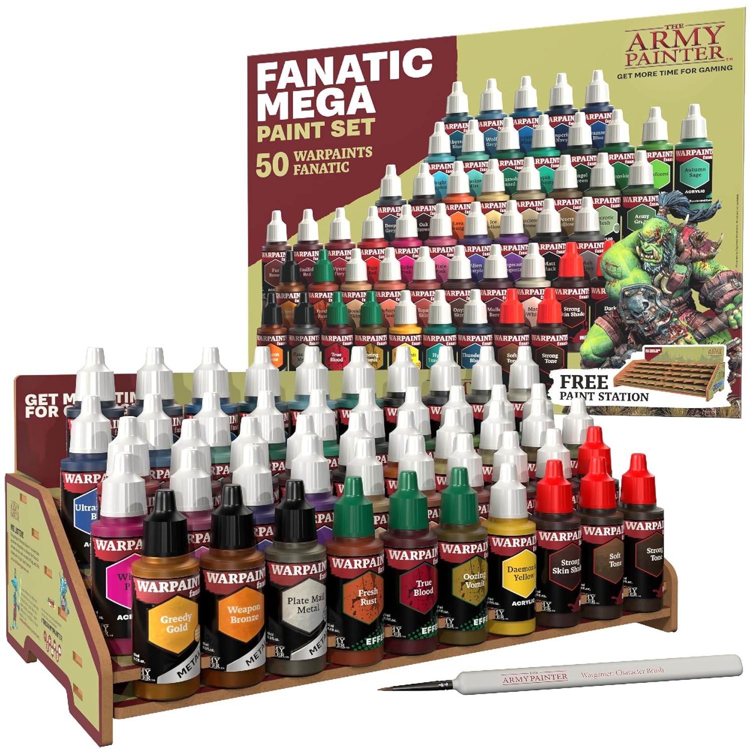 The Army Painter Warpaints Fanatic Mega Set, 50 x 18 ml Peintures Acryliques incl. Teintes de Peau, Métalliques, Effets, Lavis, 1 Station de Peinture & 1 Pinceau - Warhammer & D&D.