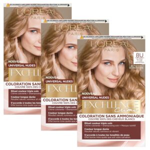 L'Oréal Paris Couleur Permanente Excellence Crèmes Universal Nude 8U Blond Clair Universel Couvre 100% Cheveux Blancs Longue Durée avec Micro-Kératine - 3 Teintes