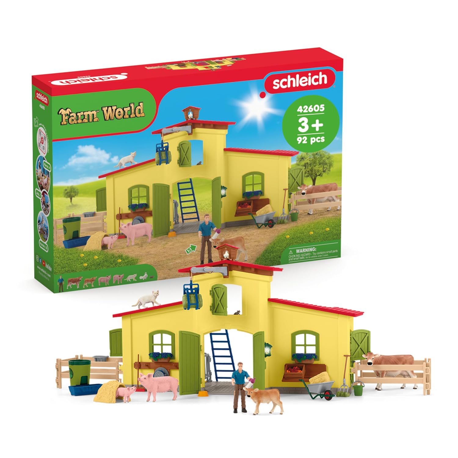 Schleich 42605 Farm World Ensemble de Figurines Animaux de la Ferme avec Accessoires - Coffret Ferme éducative de 92 Pièces avec Vache, Cheval, Cochon et Taureau - Cadeau Jouet 3 Ans et Plus
