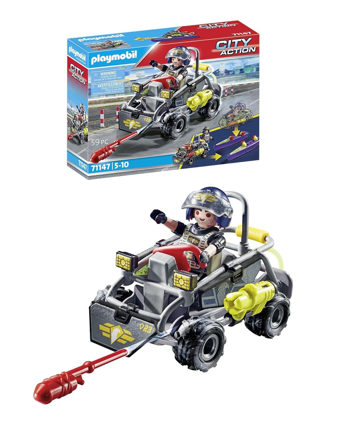 Playmobil 71147 Quad Transformable de Bandit - City Action - avec Un Personnage à Visage Interchangeable et Un véhicule d'intervention des Forces spéciales avec Effets sonores et Lumineux - Dès 5 Ans