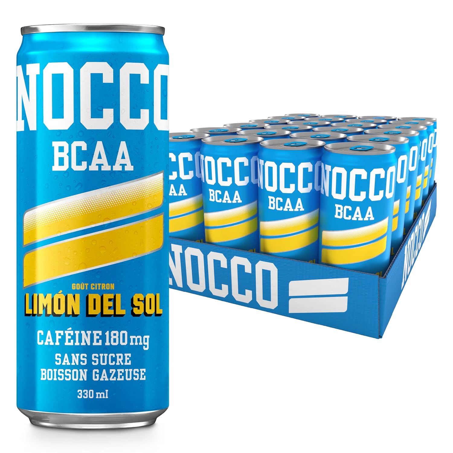 NOCCO Boisson énergissante goût citron 180 mg caféine 24x330ml Boissons énergétiques, Sans Sucre BCAA (Limon Del Sol)