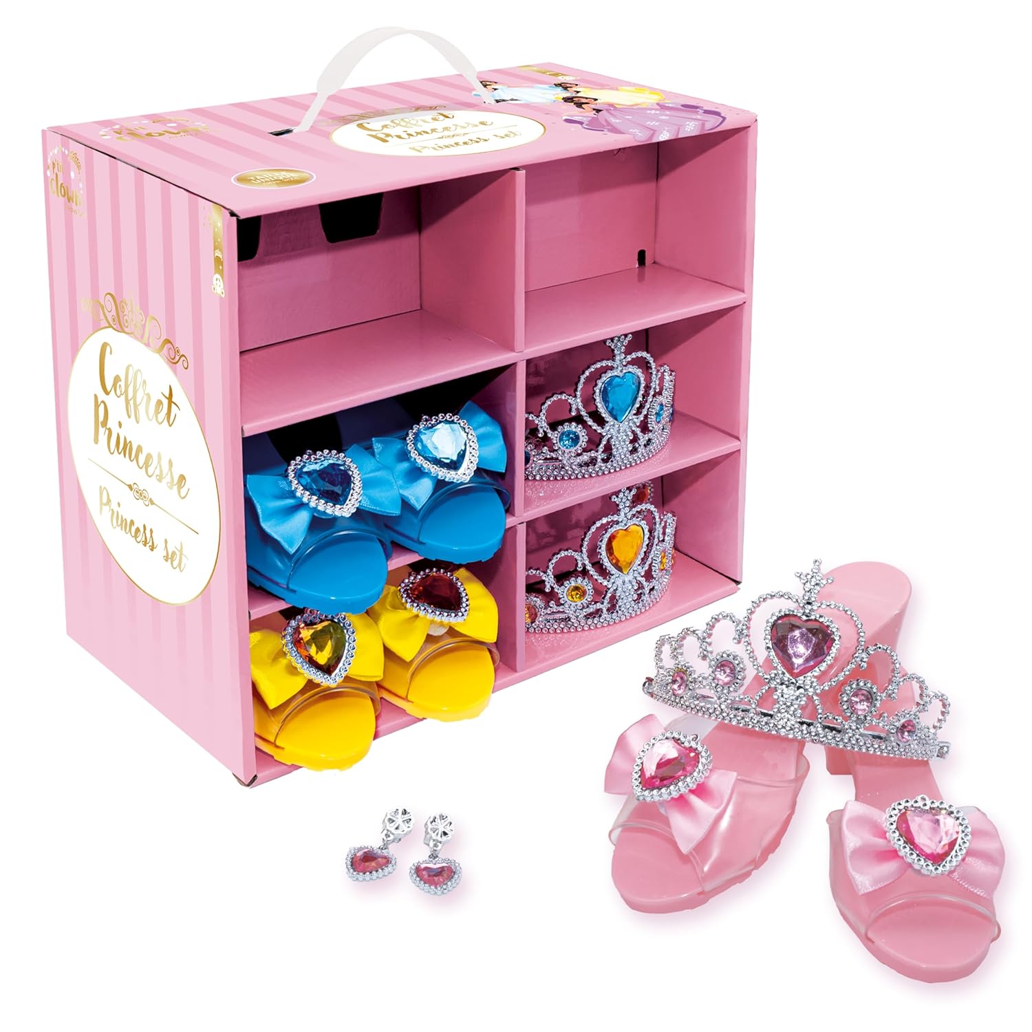 P'tit Clown - 24516 - Coffret Dressing Princesse - Accessoires Fantaisie Enfant - Chaussures, Diadèmes et Bijoux - Jeu d’Imitation, Carnaval, Anniversaire, Fête à Thème - 3 Couleurs