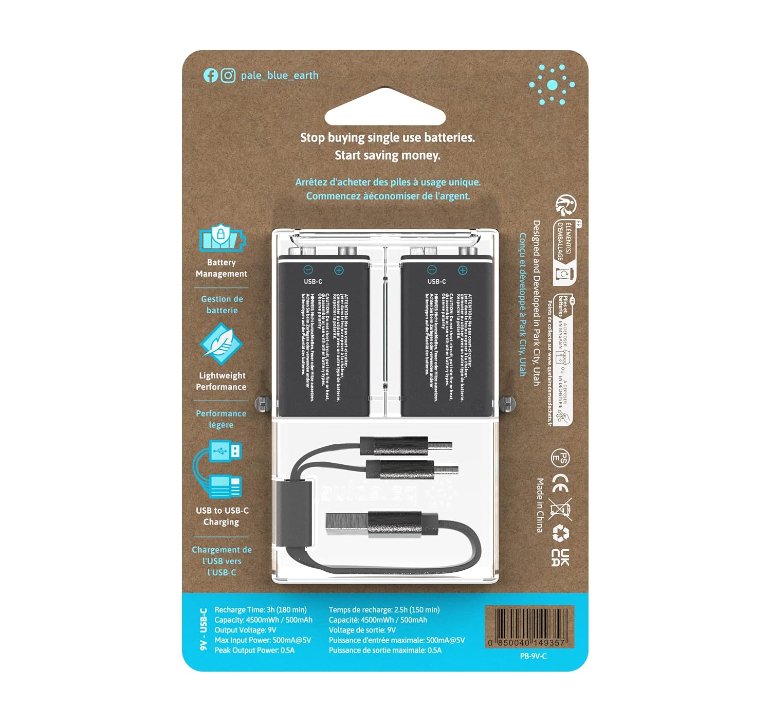 PALEBLUE — Piles rechargeables USB-C 9V 6LR61/6HR61 – Image 2
