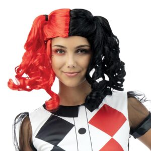 P'TIT CLOWN - Perruque Arlequin Femme - Avec Couettes - Cheveux Synthétiques - Parfaite pour Déguisement Halloween, Carnaval, Fêtes Costumées et Évènements à Thème - Sans Colle (Noir, Rouge)