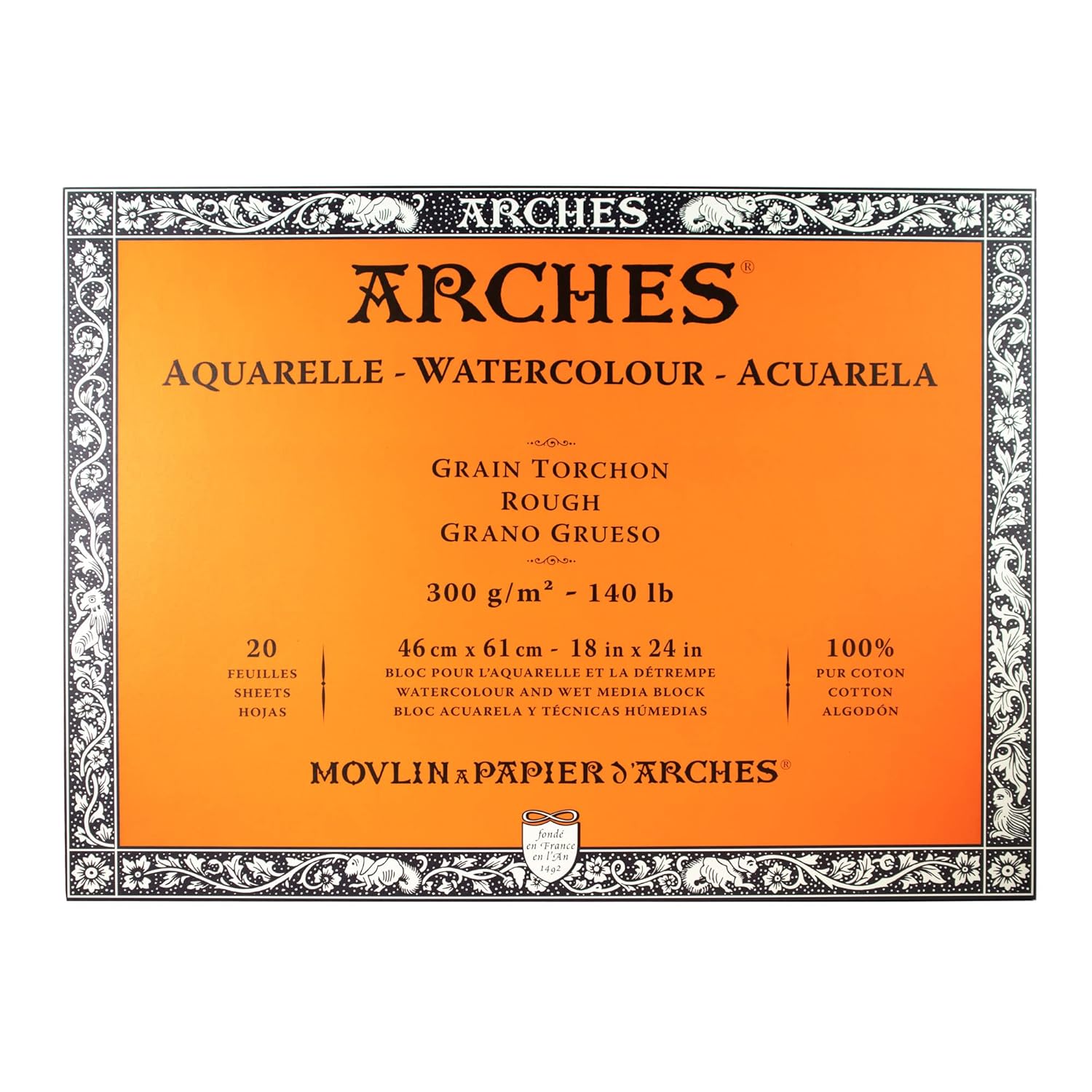 Arches 795089 Bloc Aquarelle Grain TORCHON Natur Blanc 300G 46X61CM 20P, Bois, 61 x 46 x 1 cm