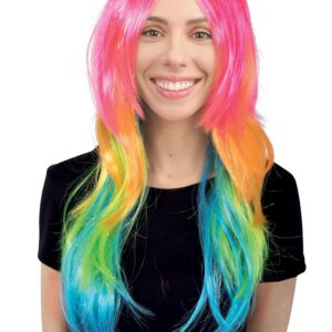 P'tit Clown - 18676 - Perruque Arc en ciel Femme Longue Raide - Cheveux Synthétiques Multicolores - Idéale pour Déguisement Carnaval, Pride, Festival, Fête Costumée, Cosplay, Manga