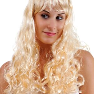 P'TIT CLOWN - 68112- Perruque Femme Longue Bouclée avec Frange - Long Fringed Wig - Carnaval, Fêtes à Thèmes, Soirées Déguisées, Halloween, Nouvel An, Cosplay, Manga - Cheveux Synthétiques - Blond