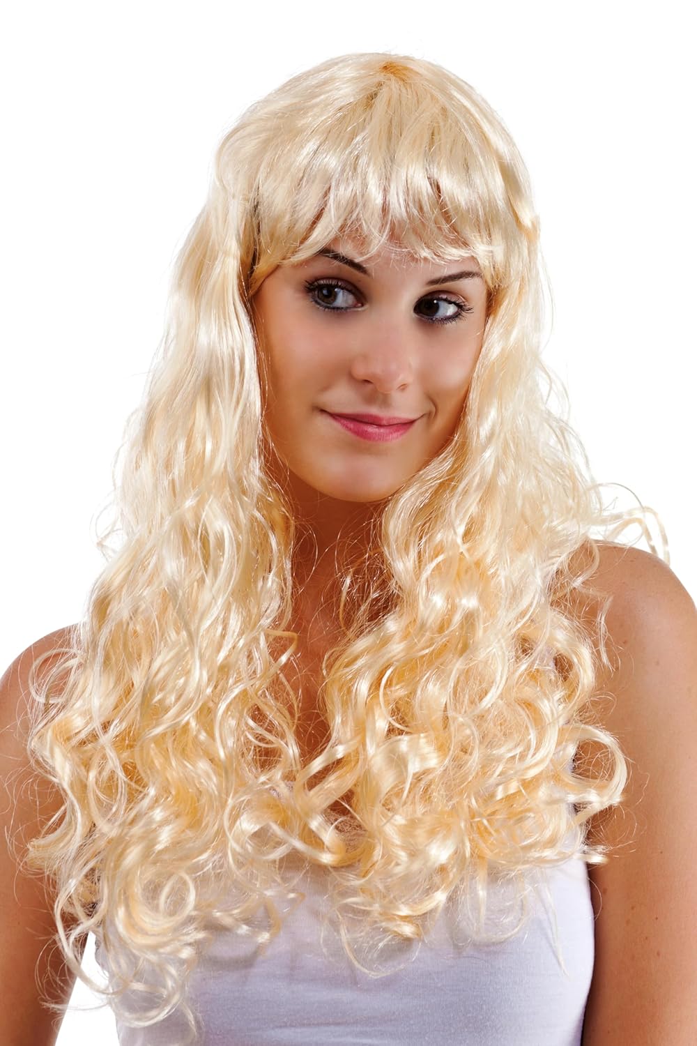 P'TIT CLOWN - 68112- Perruque Femme Longue Bouclée avec Frange - Long Fringed Wig - Carnaval, Fêtes à Thèmes, Soirées Déguisées, Halloween, Nouvel An, Cosplay, Manga - Cheveux Synthétiques - Blond
