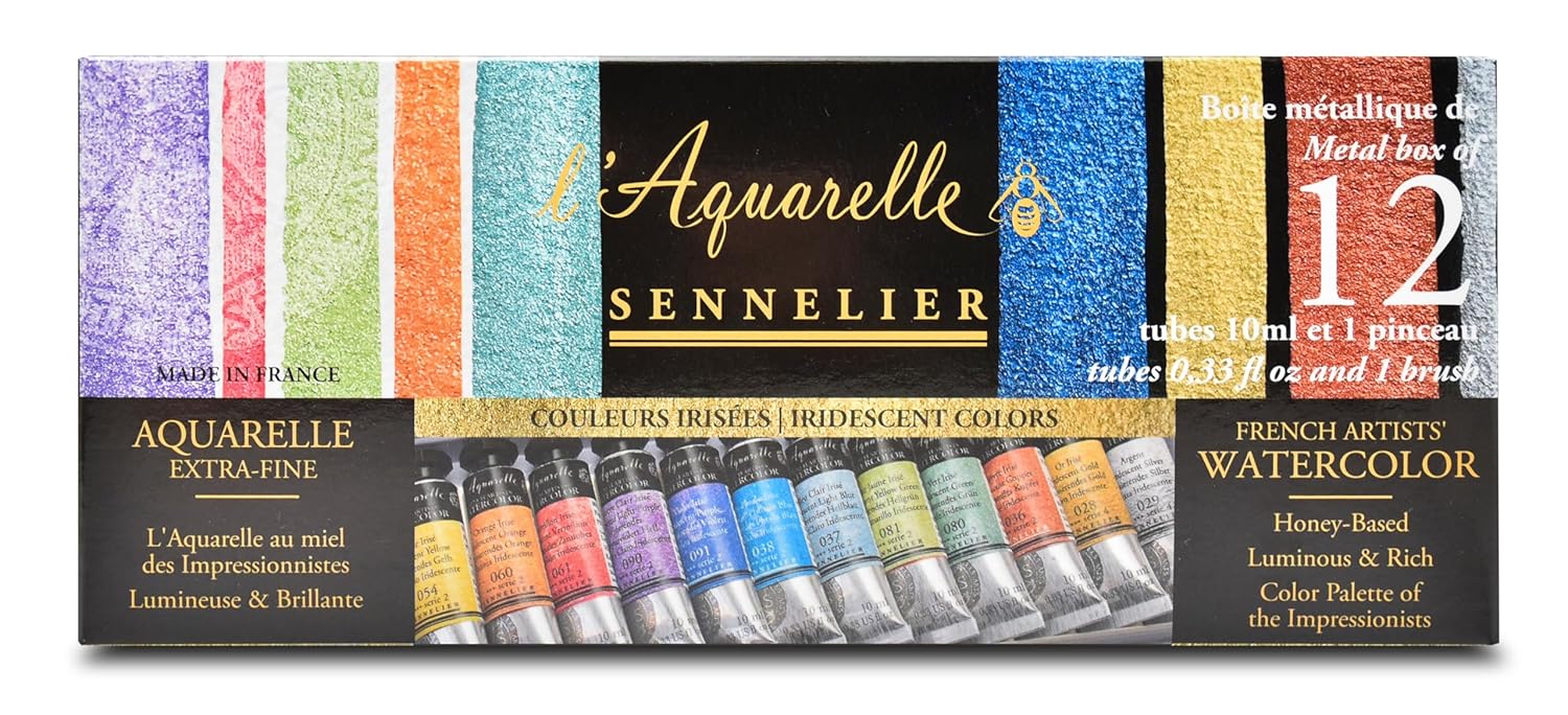 Aquarelles Sennelier - boîte métallique 12 tubes 12 ml + 1 pinceau