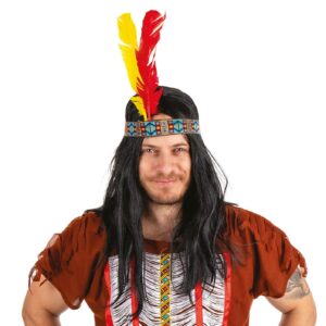 P'TIT CLOWN - Bandeau Indien avec Plumes - Accessoire Décoration Cheveux - Pour Compléter Costume Carnaval, Costplay, Fête à Thême Western, Cowboy, Apache