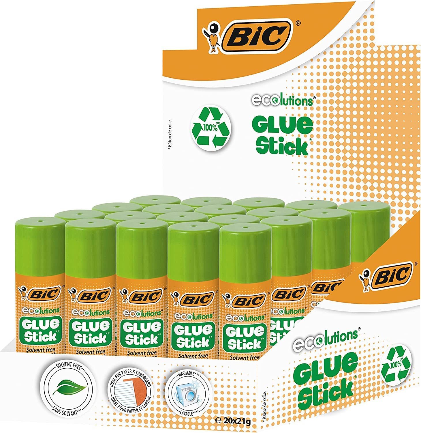 BIC ECOlutions Bâtons de Colle Blanche, Idéal pour Papier et Carton, Sans Solvant, 8 g, Boîte de 20 tubes