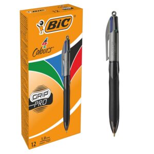 BIC 4 Couleurs Grip Pro - Stylos-Bille Rétractables Pointe Moyenne (1,0 mm) Conçus pour les Professionnels - Boîte de 12
