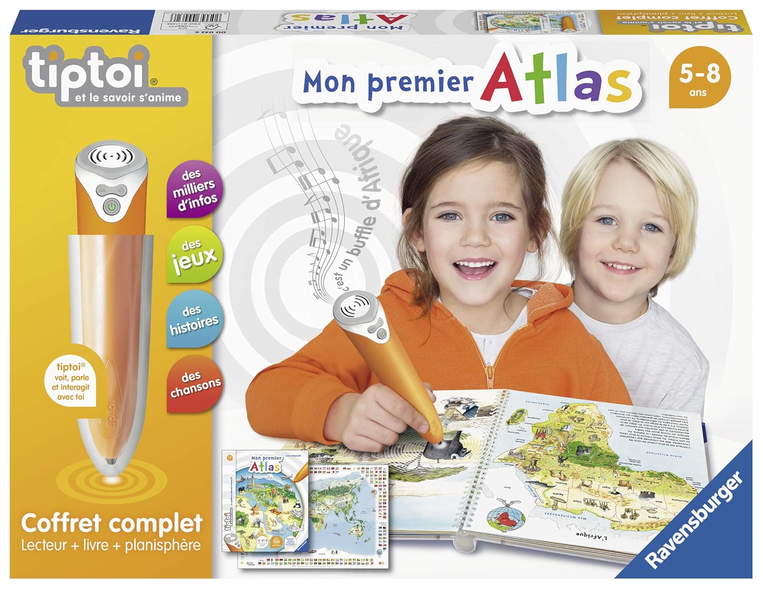 Ravensburger - tiptoi®- Coffret Complet Lecteur interactif + Livre Mon Premier Atlas - Jeu éducatif électronique, sans écran - A partir de 5 Ans - Version française - 00 032