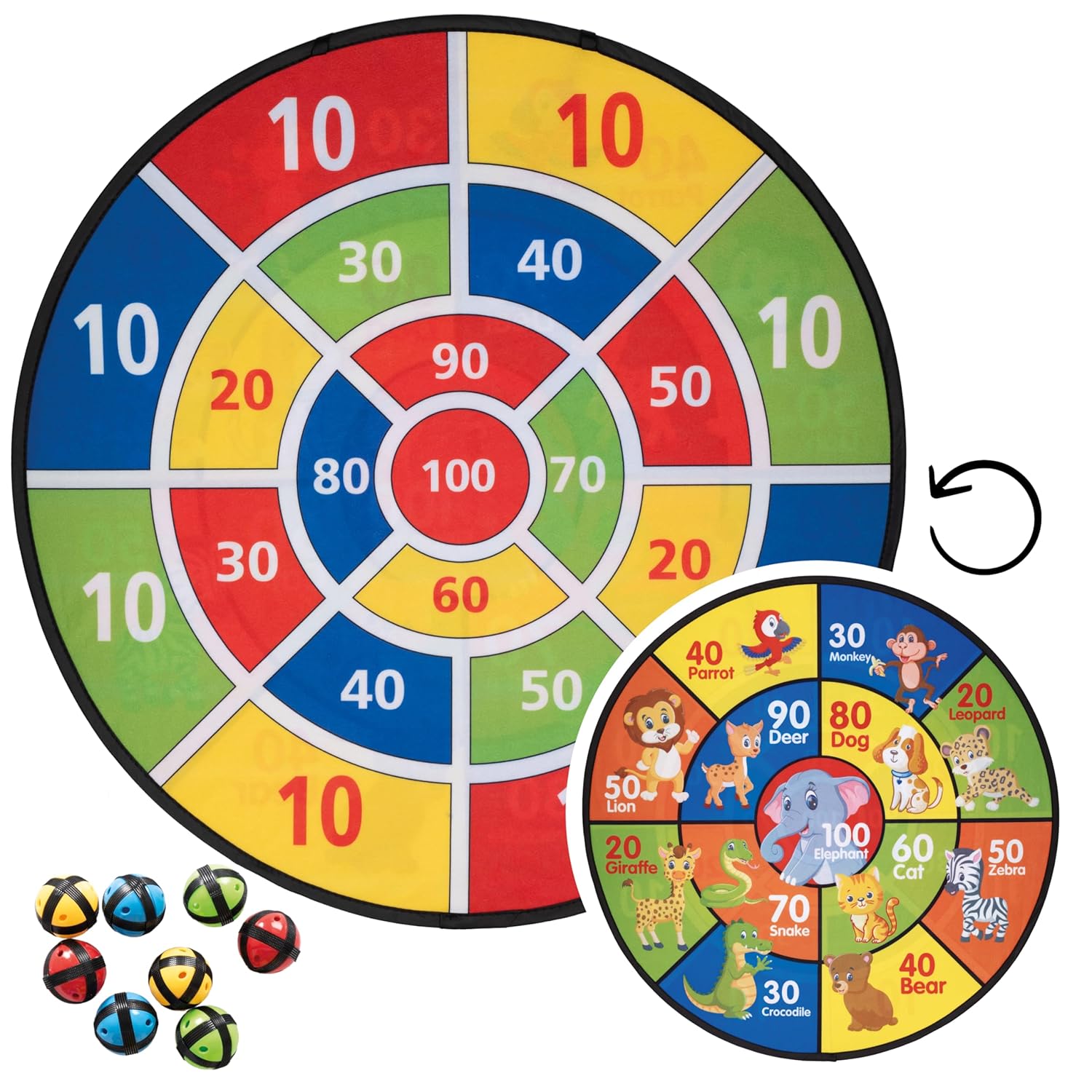 P’TIT Clown - 24536 - Jeu de Cible Enfant Scratch - Cible Réversible Animaux & Scores - 8 Balles Velcro + 1 Ventouse - Jeu d’Adresse et de Lancer - Extérieur - Ø 60 cm