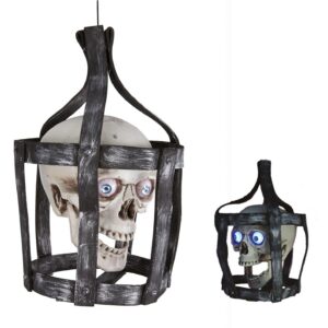 P'tit Clown - 11436 - Automate Halloween Animé - Animatronique - Animatronics -Tête de Mort en Cage - Sonore et Lumineux - Décoration Effrayante et Réaliste - Piles Non incluses - 45 cm