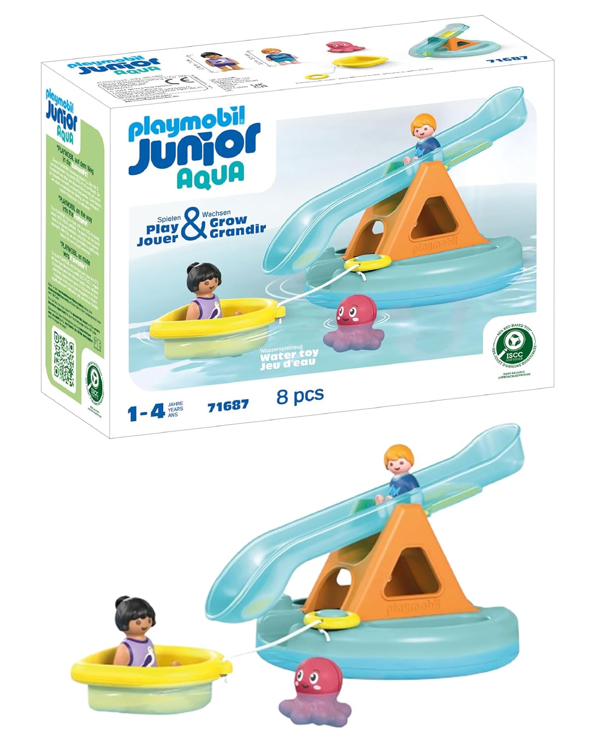 Playmobil 71687 Junior Aqua : Ilôt avec Toboggan Aquatique - incluant Un Petit Bateau et Une Pieuvre - Jouet fabriqué à partir de matière d'origine végétale - Dès 12 Mois