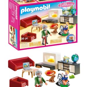 Playmobil 70207 Salon avec cheminée - Dollhouse - avec Deux Personnages, Une cheminée, canapé-lit, Fauteuil et Buffet - pour aménager la Grande Maison Traditionnelle - Dès 4 Ans
