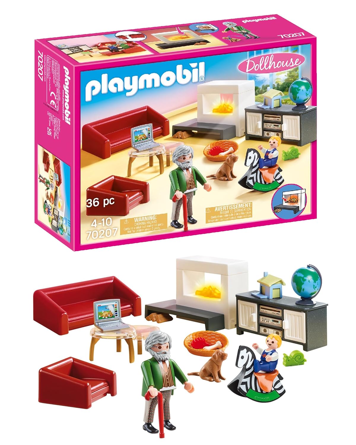 Playmobil 70207 Salon avec cheminée - Dollhouse - avec Deux Personnages, Une cheminée, canapé-lit, Fauteuil et Buffet - pour aménager la Grande Maison Traditionnelle - Dès 4 Ans