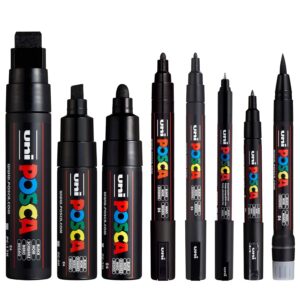 Posca Lot de 8 marqueurs noirs (PC-17K, PC-8K, PC-7M, PC-5M, PC-3M, PC-1M, PC-1MR, PCF-350)