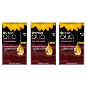 Garnier Olia - Teinture Permanente pour Cheveux Sans Ammoniaque Coloration aux Huiles de Fleurs Naturelles à Action Illuminante et Nourrissante Couleur 6.60 Rouge Intense - 3 Packs